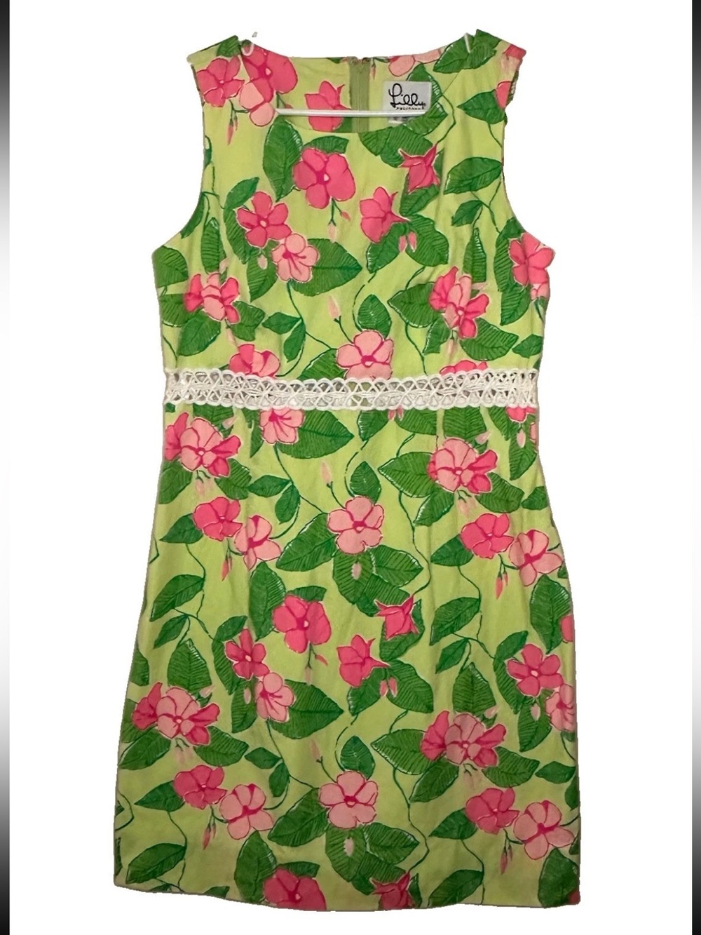 Y2K Lilly Pulitzer Vintage Dress Rare Green Pink Floral Crochet Waist Cotton 10